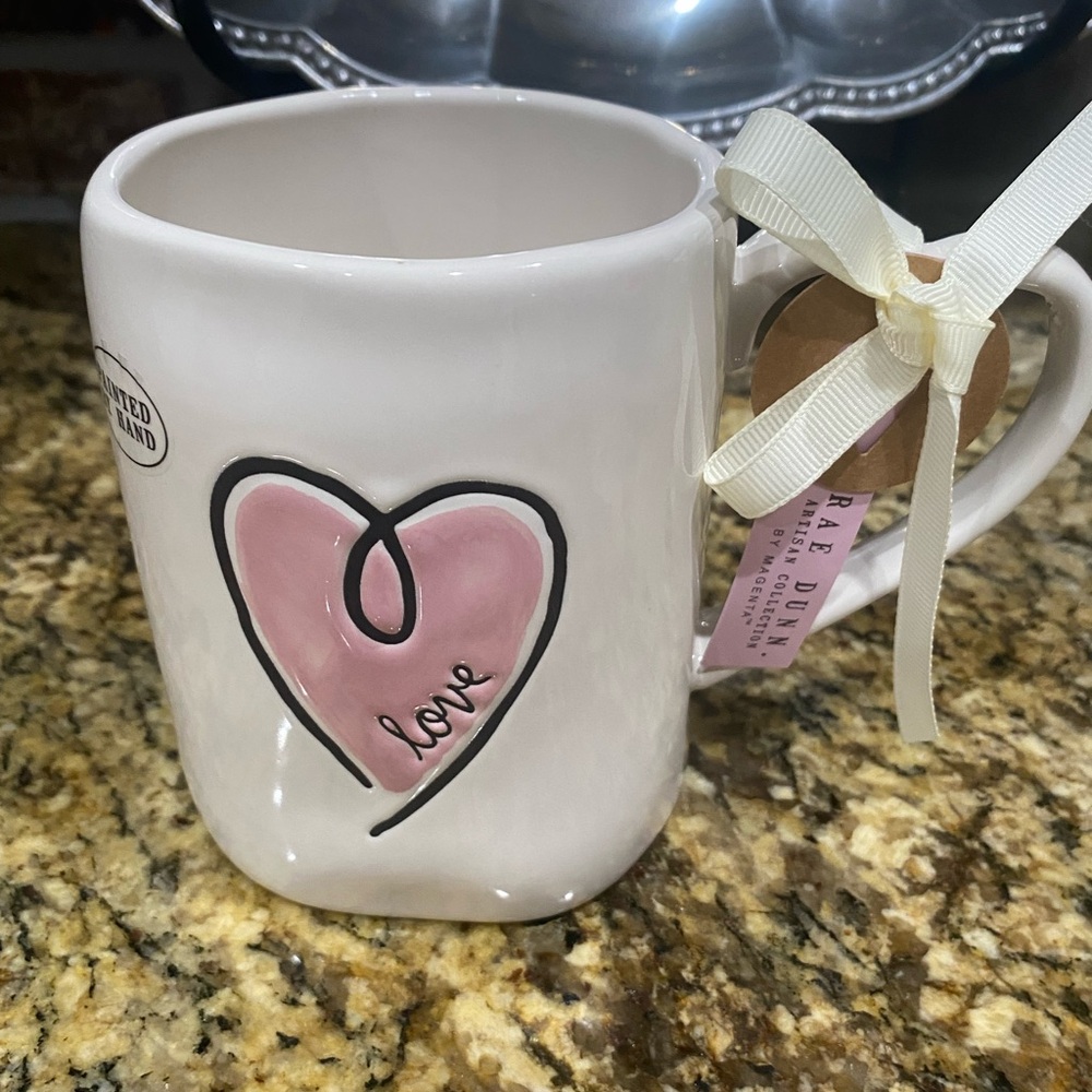 Rae Dunn pink hand painted heart LOVE 19.5oz mug with heart handle- Brand new